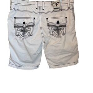 Rock Revival Mens White Denim Shorts Size 44 Black Contrast Stitch Fleur De Lis
